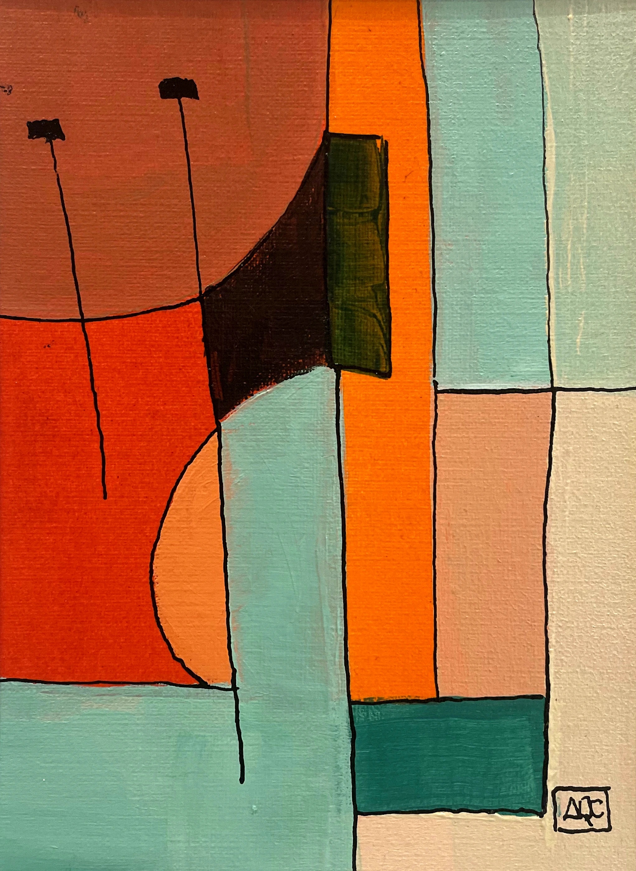 D7 - Variations 2 by Arnaud Quercy at Art Quam Anima — Acrylic Painting on Paper, Acrylic on paper: geometric color panels in orange, teal, red-orange, yellow-green and near-black, divided by black outlines