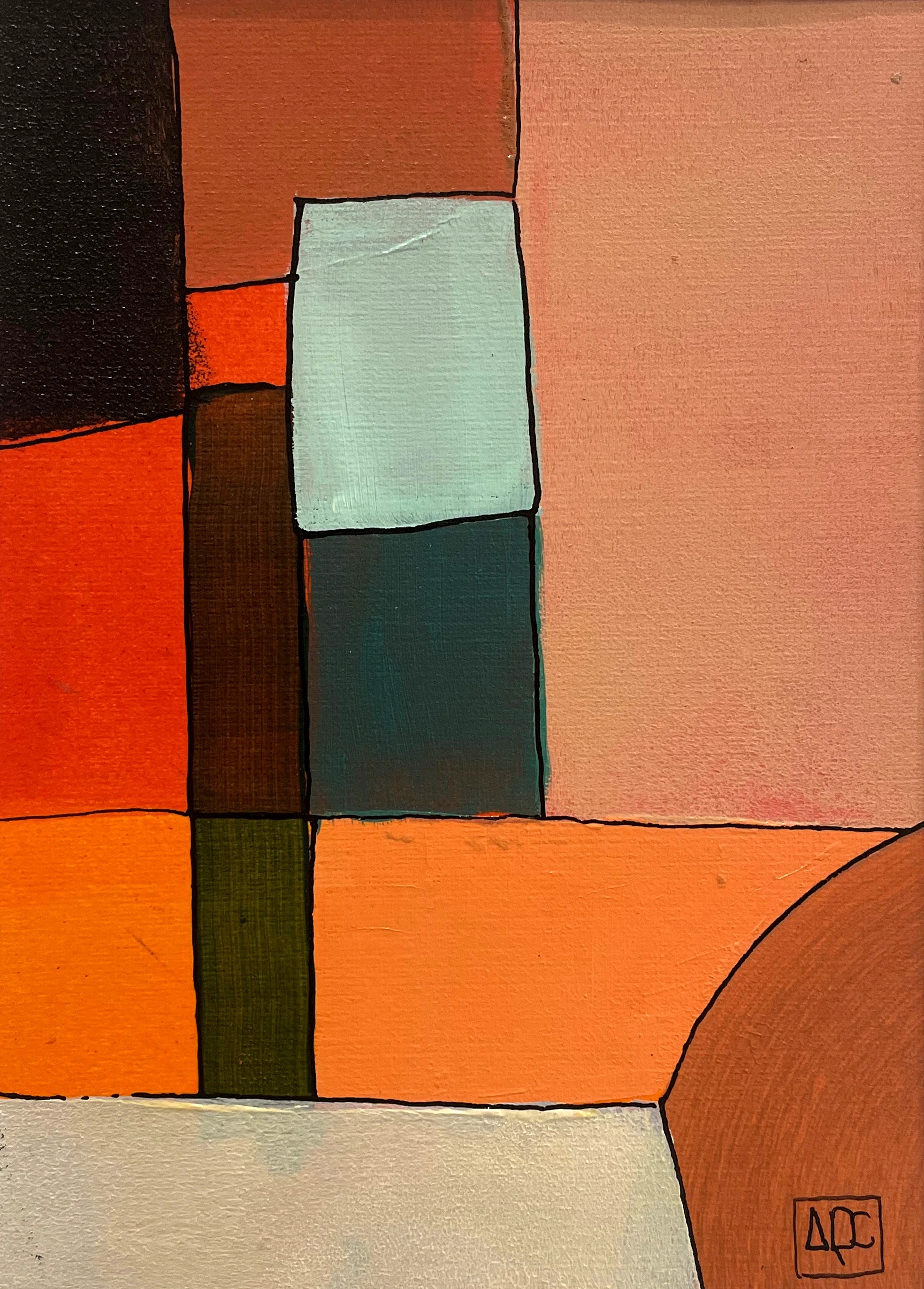 D7 - Variations 3 by Arnaud Quercy at Art Quam Anima — Acrylic Painting on Paper, Acrylic on paper: orange, teal, mint, salmon-pink and near-black flat color zones divided by black outlines, vertical format.