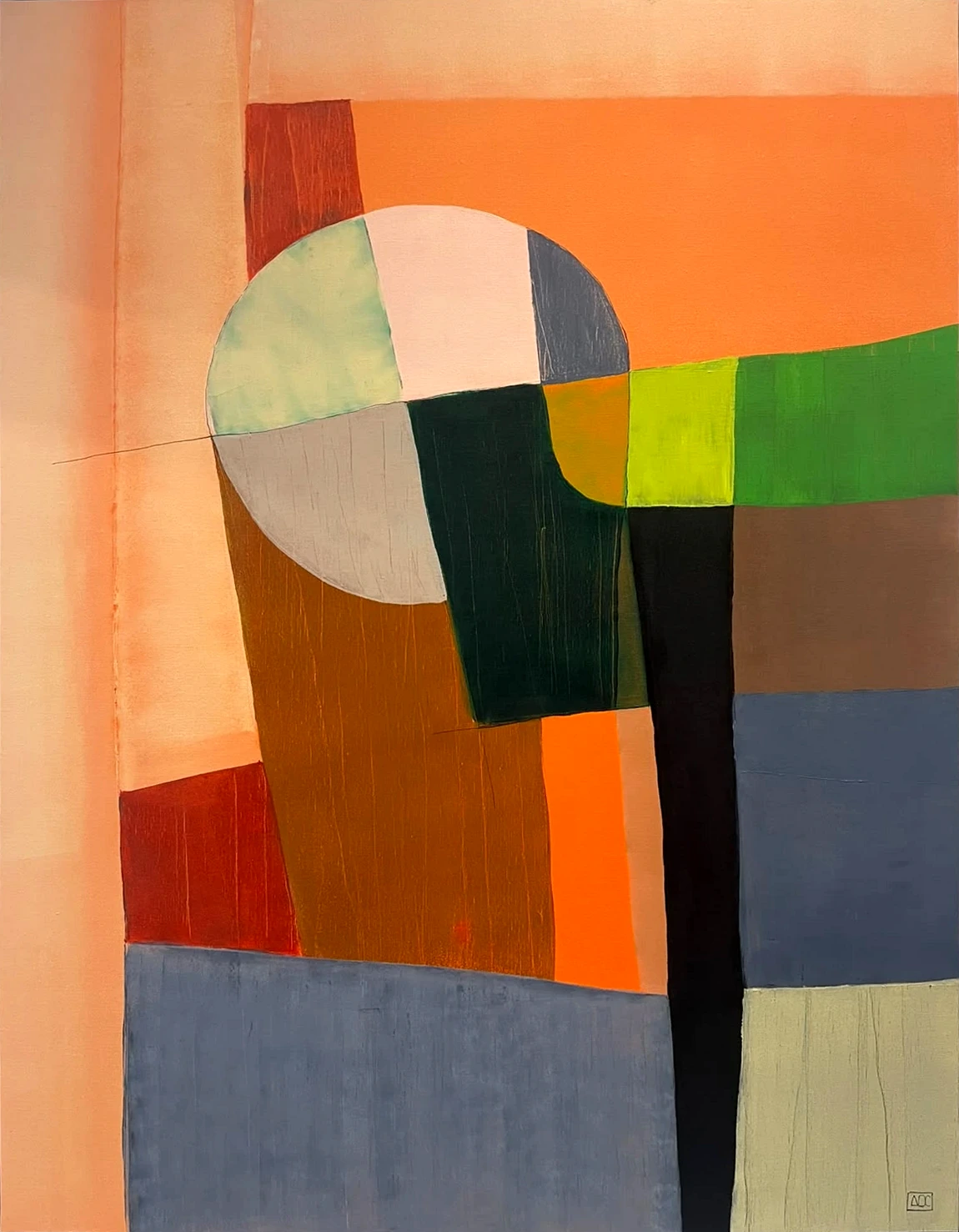 D7 - Variations 4 by Arnaud Quercy at Art Quam Anima — Acrylic Painting on Linen Canvas, Acrylic painting on linen: vertical color blocks in orange, russet, black, green and ochre with a red-orange accent, 116 × 89 cm