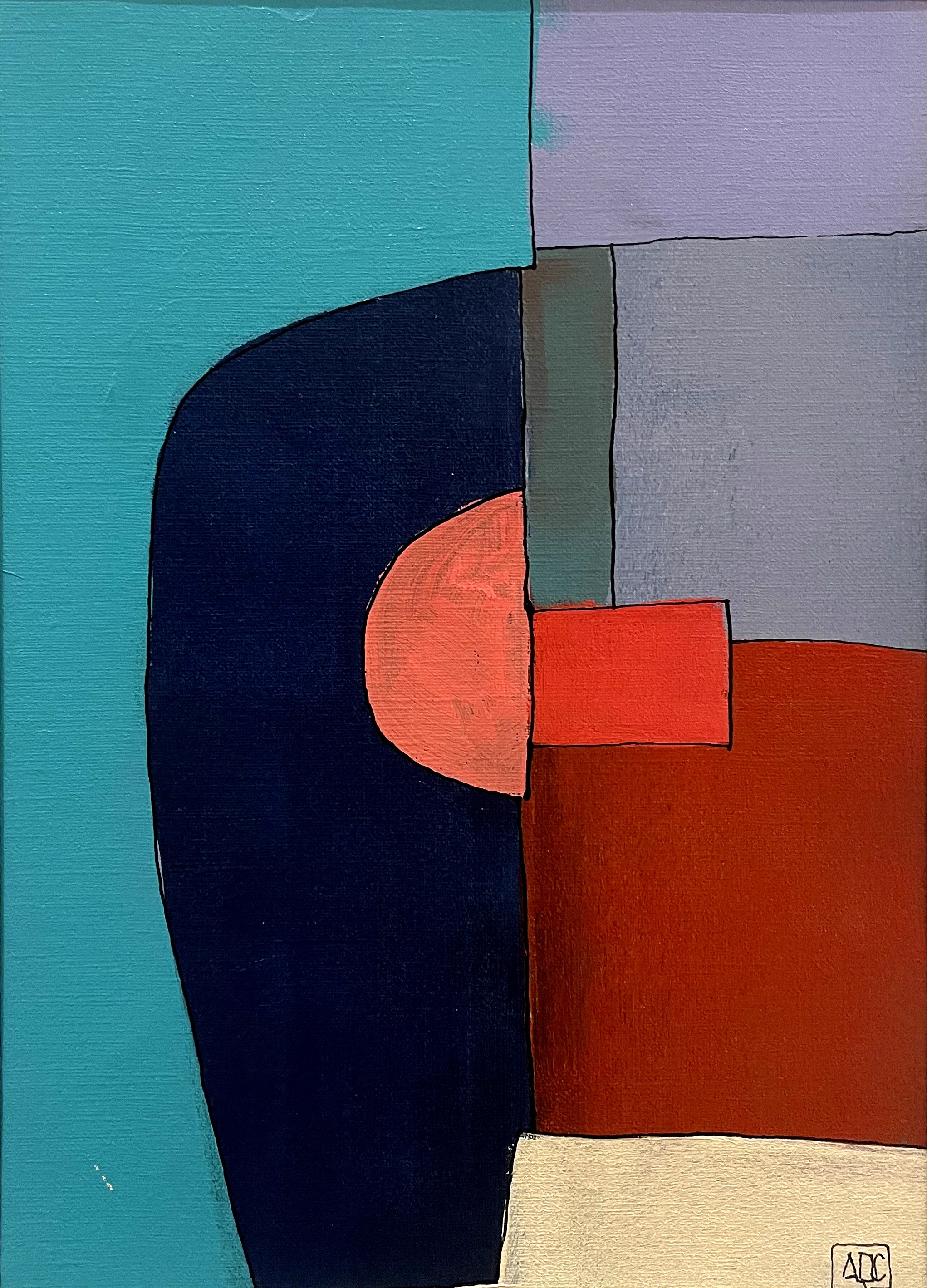 Db Major 7 - Variations 1 by Arnaud Quercy at Art Quam Anima — Acrylic Painting on Paper, Acrylic on paper: teal, navy arc, mauve, red-orange and salmon geometric fields in vertical composition, Paris 2026