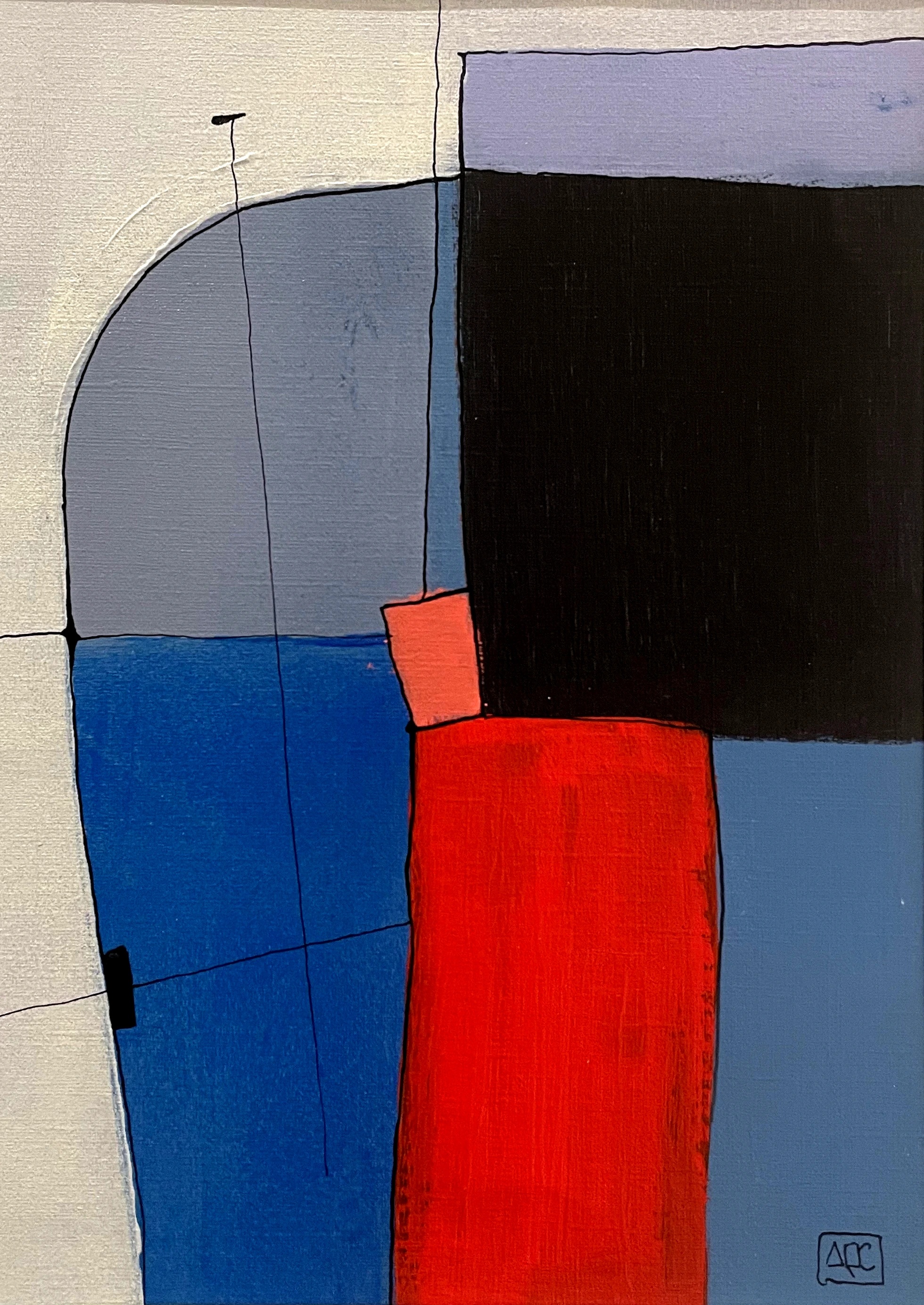 F Minor - Variations 23 by Arnaud Quercy at Art Quam Anima — Acrylic Painting on Paper, Acrylic on paper: silver-gray arch, deep blue, black, and red-orange fields divided by black lines, vertical format