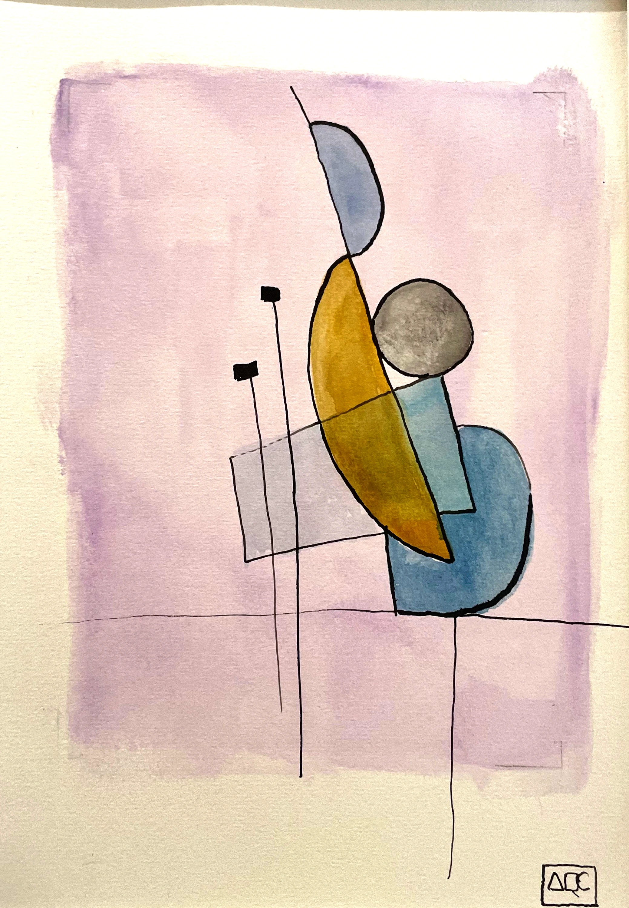 Watercolor Study in Ab Minor No. 1 by Arnaud Quercy at Art Quam Anima — Watercolor Painting on Paper, Watercolor abstract: gold crescent, blue oval and rectangle, gray circle on lavender ground with black ink lines, Paris 2026