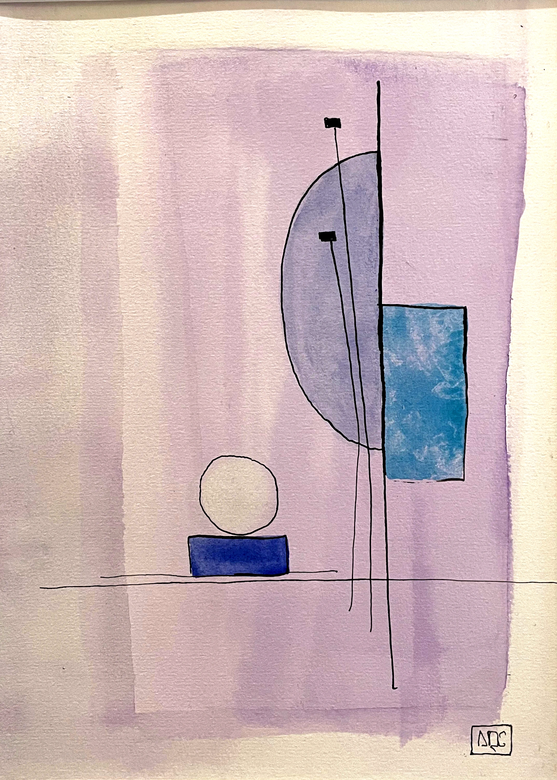 Watercolor Study in Ab Octaves No. 1 by Arnaud Quercy at Art Quam Anima — Watercolor Painting on Paper, Watercolor on paper: geometric forms — half-circle, rectangle, small circle — in warm gray, muted rose, and blue-violet on a washed ground.