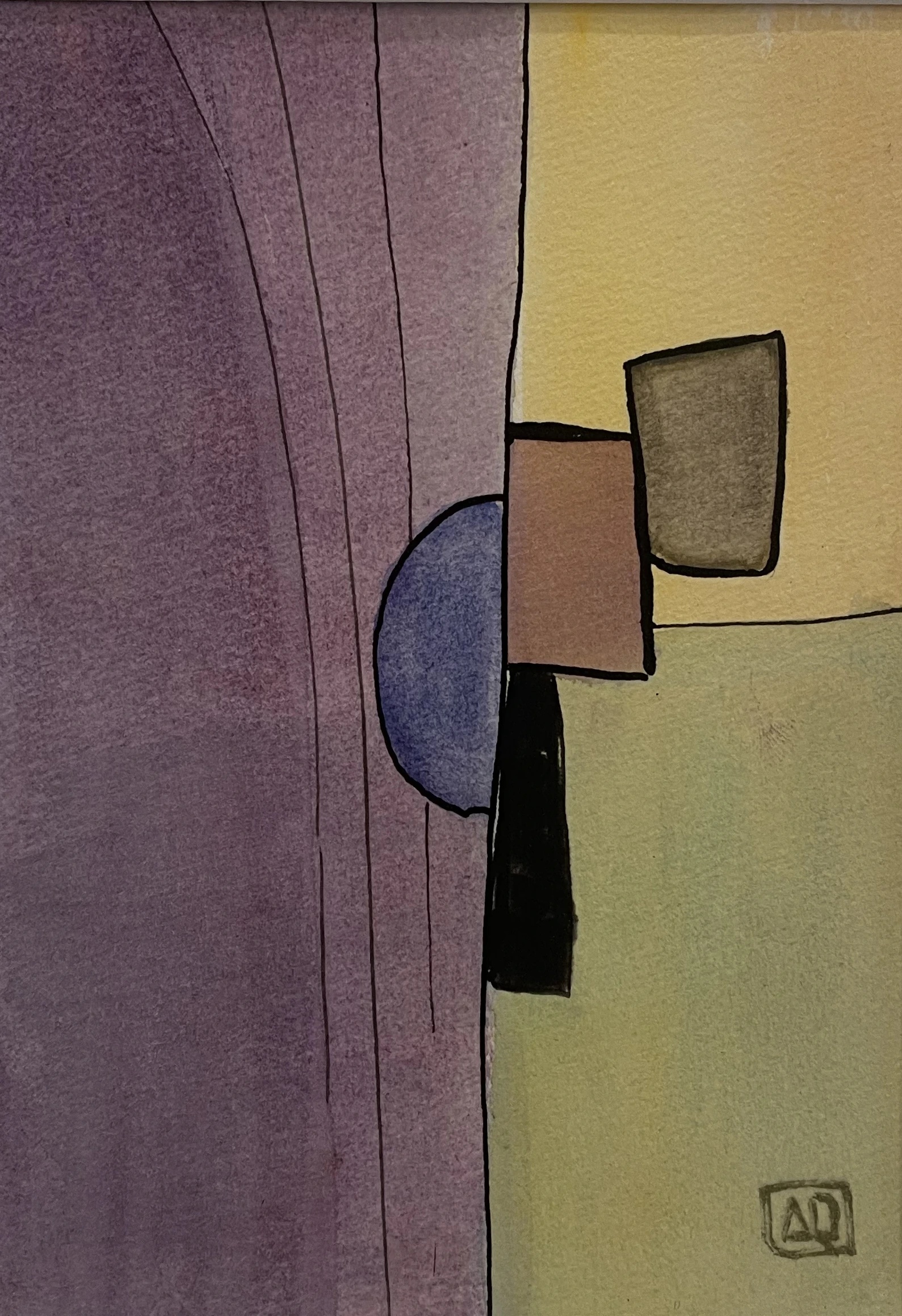 Watercolor Study in D Minor No. 6 by Arnaud Quercy at Art Quam Anima — Watercolor Painting on Paper, Watercolor on paper: geometric blocks and partial circle in dusty mauve, ochre, and yellow with black outlines, vertical format